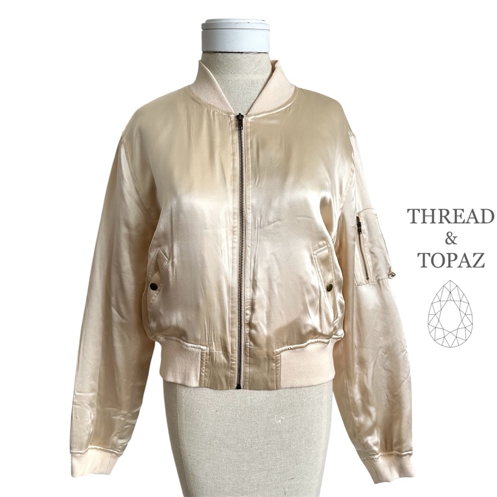 Vintage 90s Cream Silk Bomber Jacket Medium